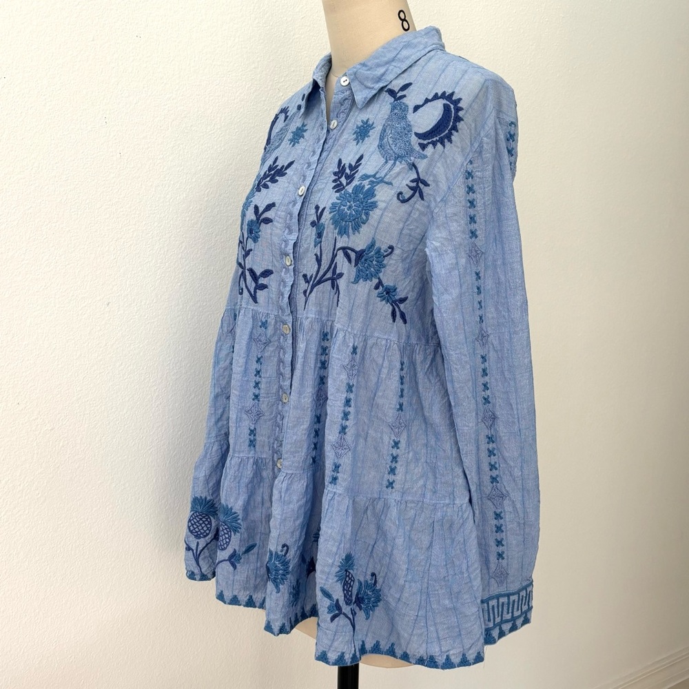 Johnny Was Workshop Tarra Tunic NWT Blue Cotton Blend Tropical Embroidery Boho M - Picture 5 of 11